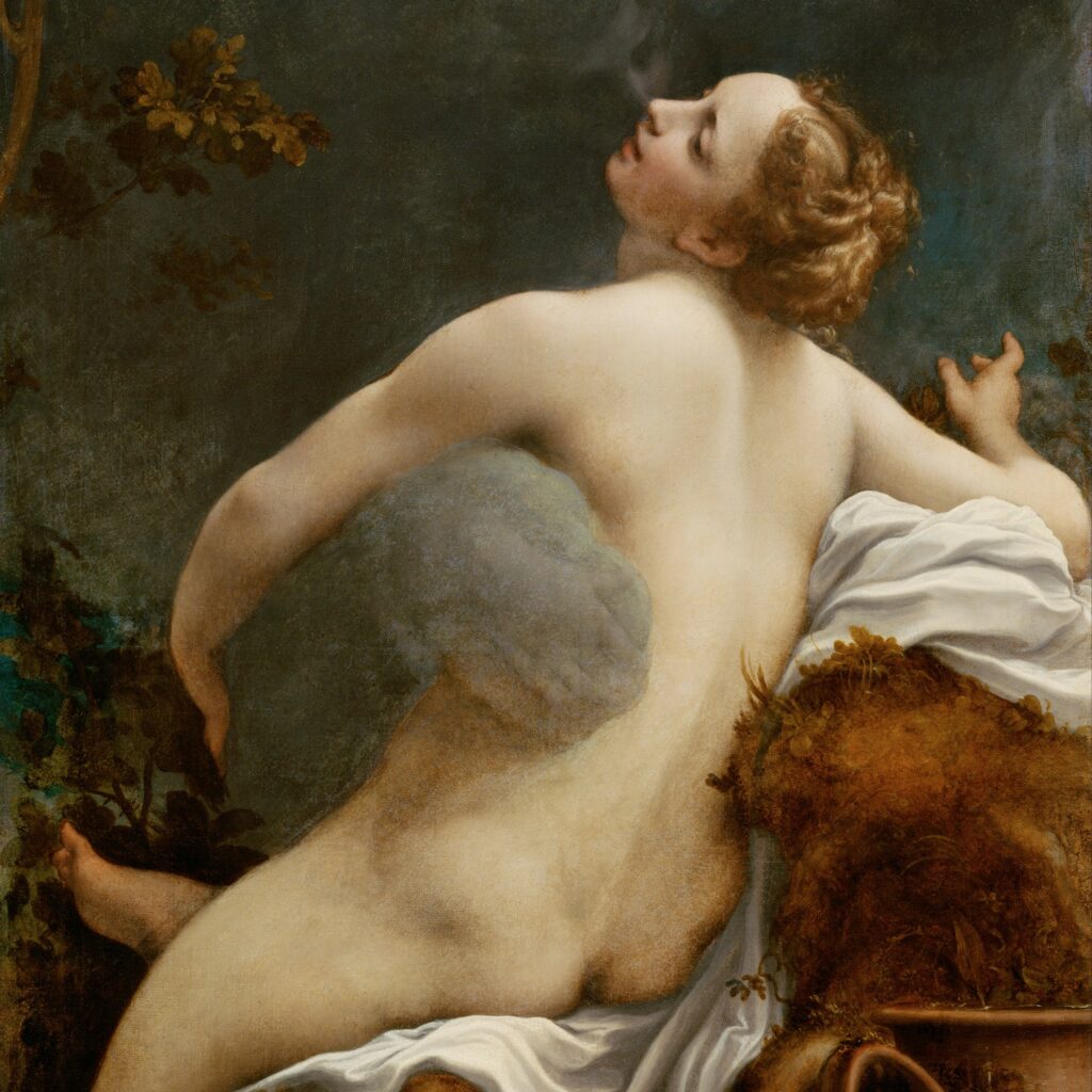 L'image représente le détail de la nymphe enlacée par le nuage dans le tableau de Corrège