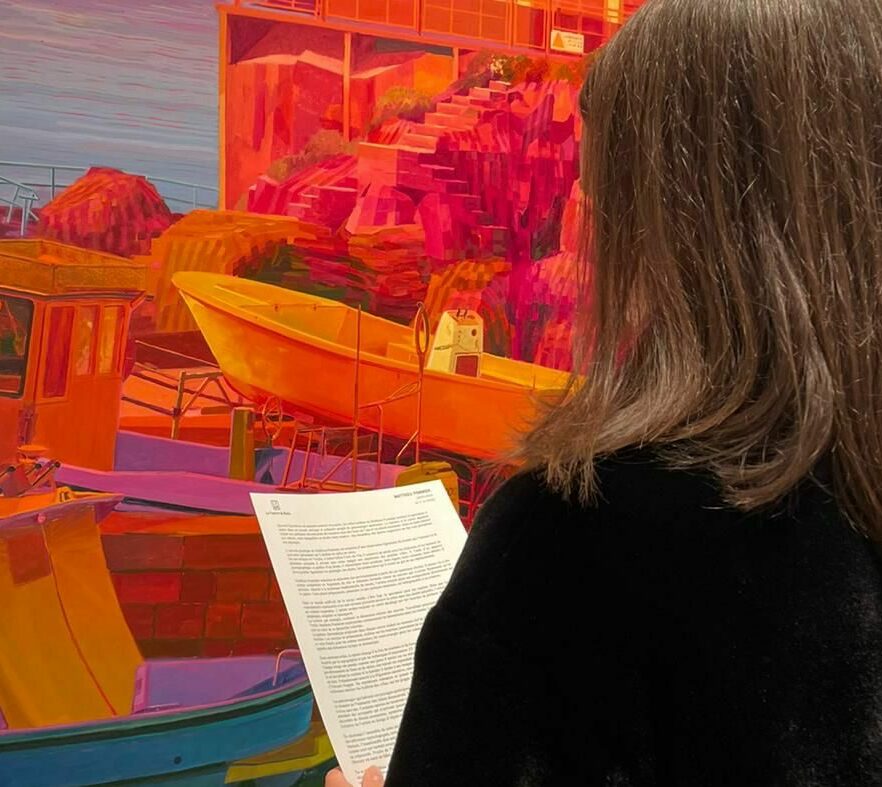 Une visiteuse lisant le texte de présentation de l'exposition de Matthieu Pommier