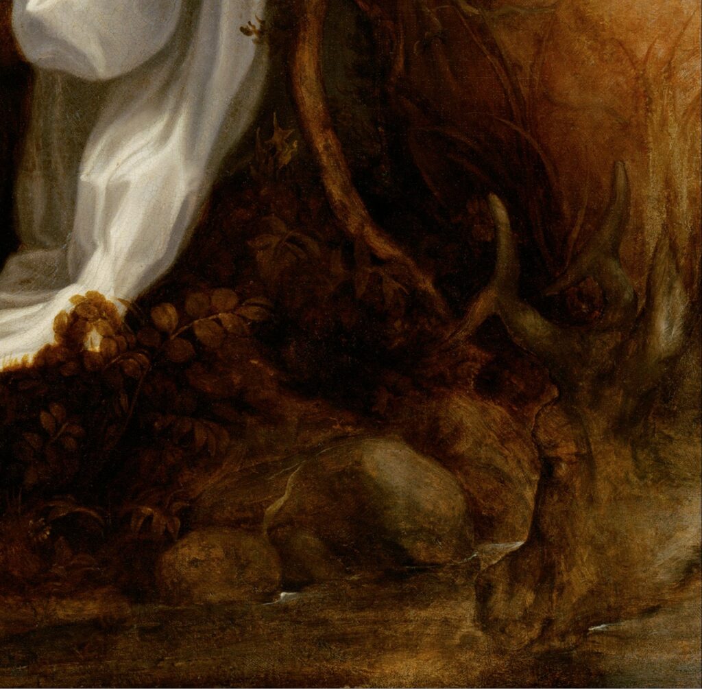 L'image représente le détail de la tête de cerf dans le coin inférieur droit du tableau de Corrège