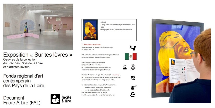 extrait du document Facile à lire réalisé pour le FRAC Pays de la Loire et image montrant un lecteur utilisant le document