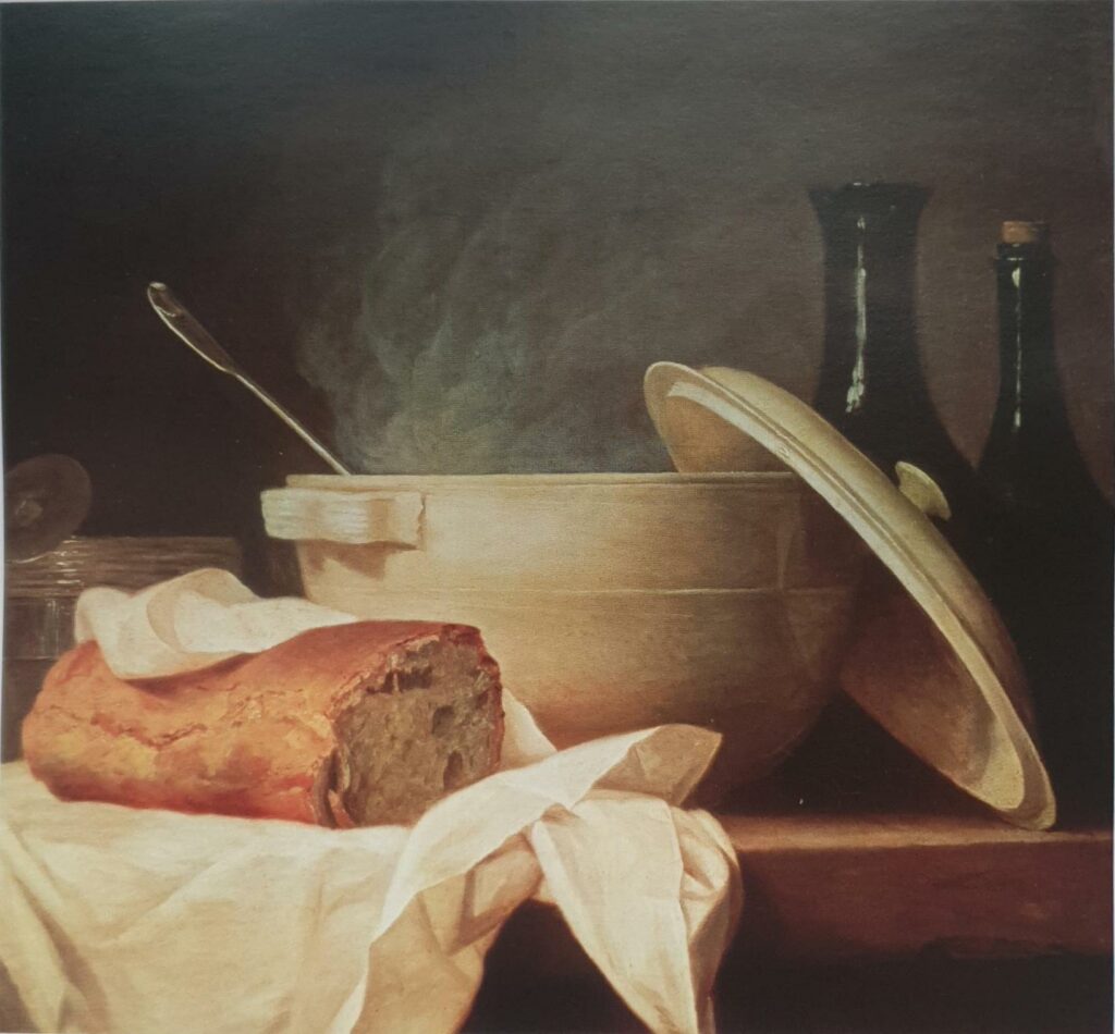 image de la soupière blanche de Anne Vallayer Coster - une table de cuisine avec une soupière et une miche de pain