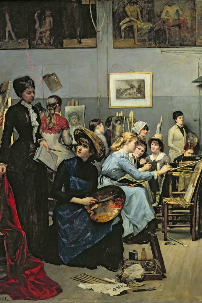 Détail d'un tableau de Marie Bashkirtseff représentant une classe d'élèves peintres femmes