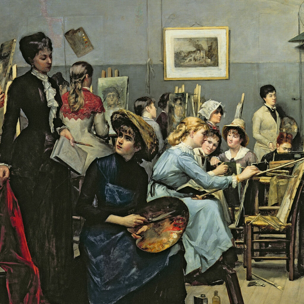 Détail d'un tableau de Marie représentant une classe d'élèves peintres femmes