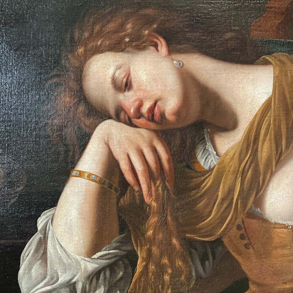 Détail d'un tableau d'Artemisia Gentileschi représentant une Marie-Madeleine pénitente