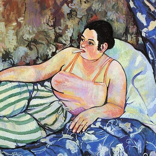 Représentation d'un femme en pyjama, fumant et appuyée sur un oreiller sur le lit d'une chambre. Détail d'un tableau de Suzanne Valadon